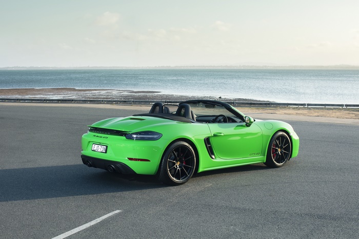 Green Porsche 718 Boxster GTS 4.0 Sport Car by the Sea