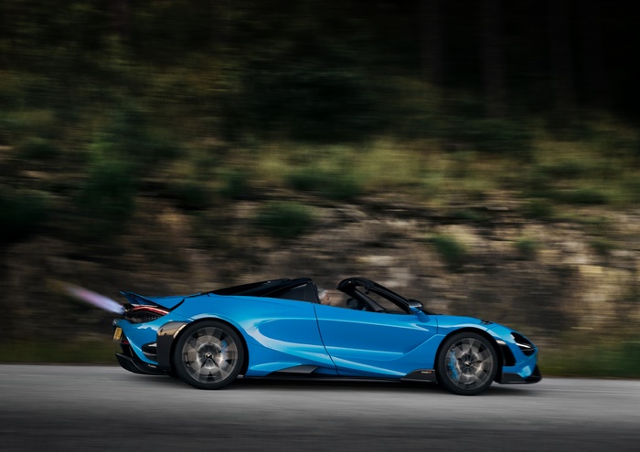 Blue McLaren 765LT Spider with exhaust flames 4K