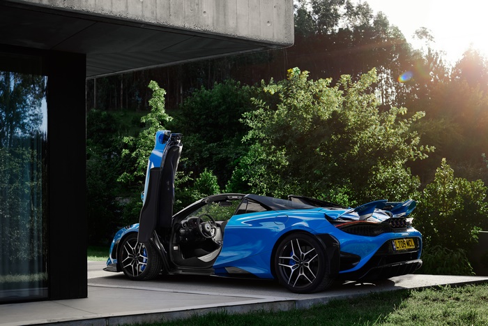 Blue McLaren 765LT Spider with open door