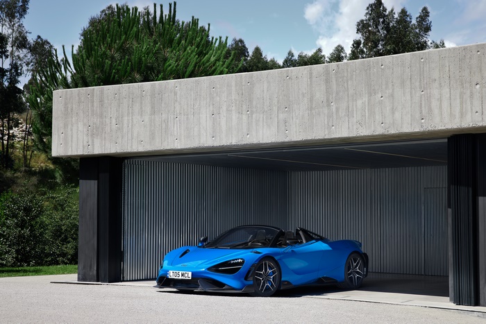 Blue McLaren 765LT Spider in modern concrete garage