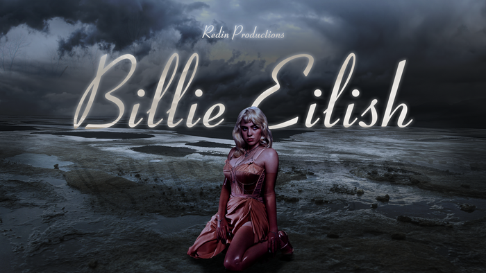 Billie Eilish in a dark, dramatic landscape