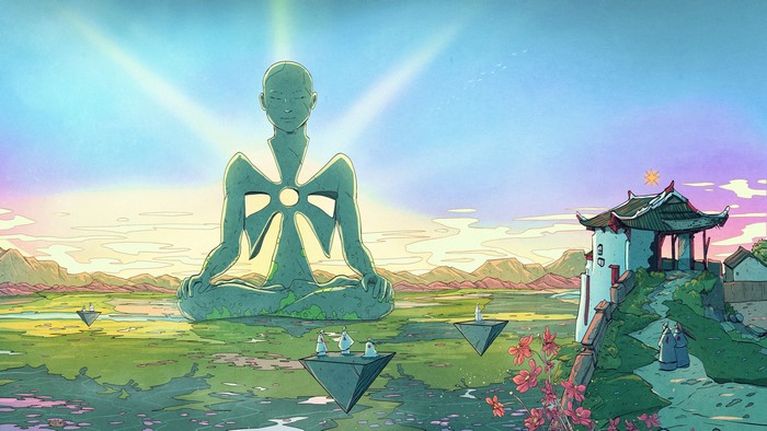 Fantasy Meditating Statue in a Serene Landscape