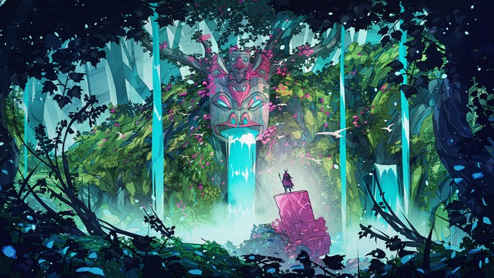 Giant Mask Waterfall in Fantasy Forest