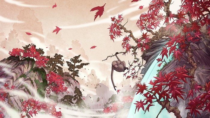Monkey Swinging by Waterfall in Red Maple Artistic Landscape 4K