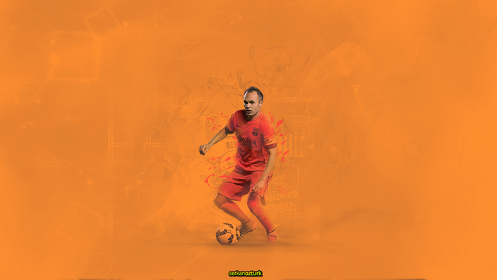 Andrés Iniesta dribbling for FC Barcelona on orange background