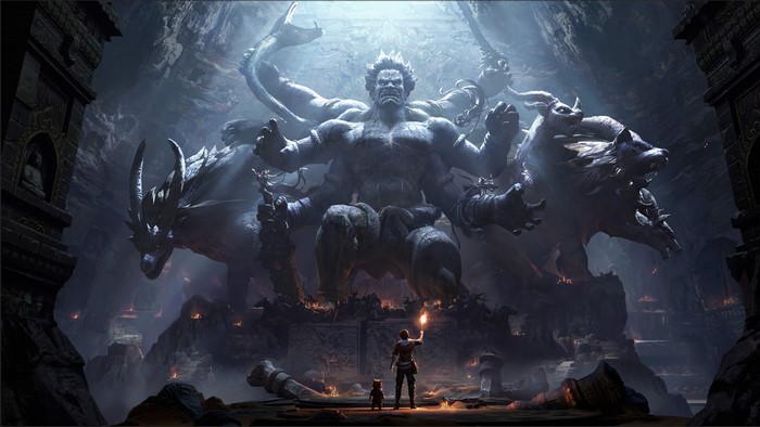 Colossal Fantasy Demon Statue in Cave Ruins