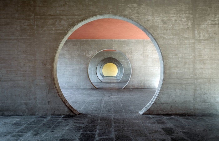 Concrete Circular Tunnels with Red and Yellow Light