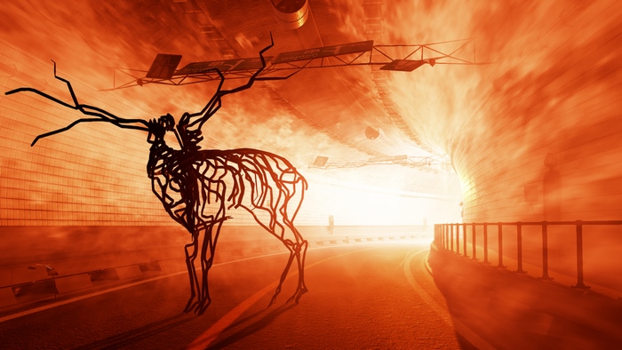 Artistic Wireframe Deer Statue in Fiery Tunnel