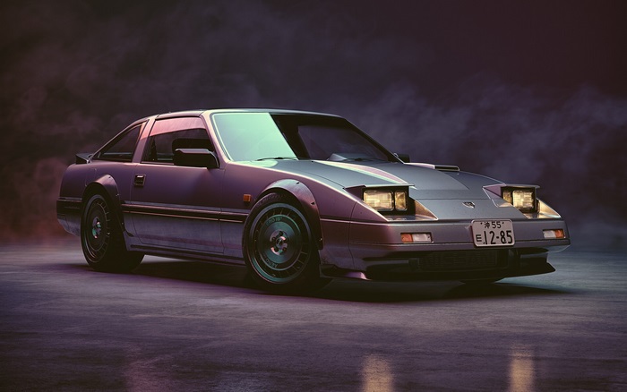 Retro Nissan Fairlady Z in a smoky synthwave scene