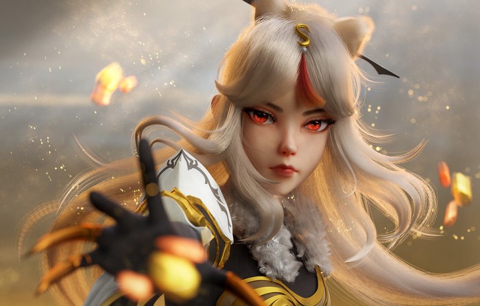 Ningguang in Elegant Armor with Fiery Eyes