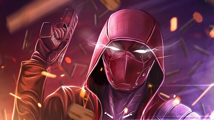 Red Hood in Action with Glowing Eyes and Gun