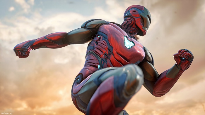 Iron Man in dynamic action pose against sunset sky