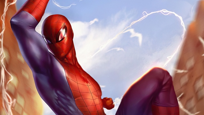Spider-Man swinging through the city sky