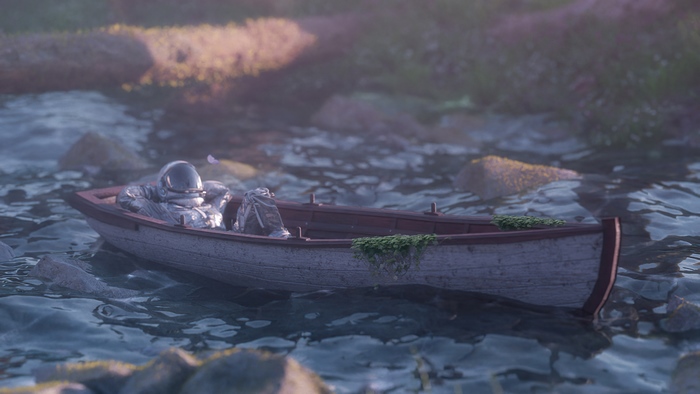 Sci-Fi Astronaut Relaxing in a Boat