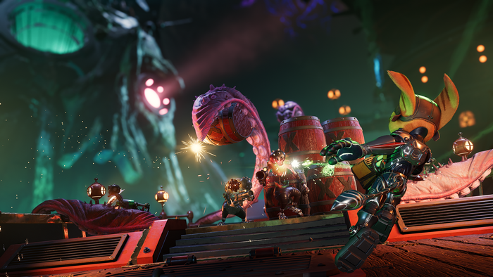 Ratchet fighting alien creatures in Ratchet and Clank: Rift Apart
