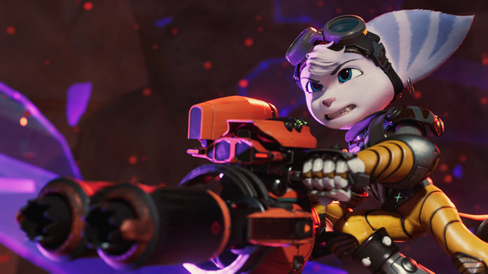 Rivet fiercely holding a weapon in Ratchet and Clank