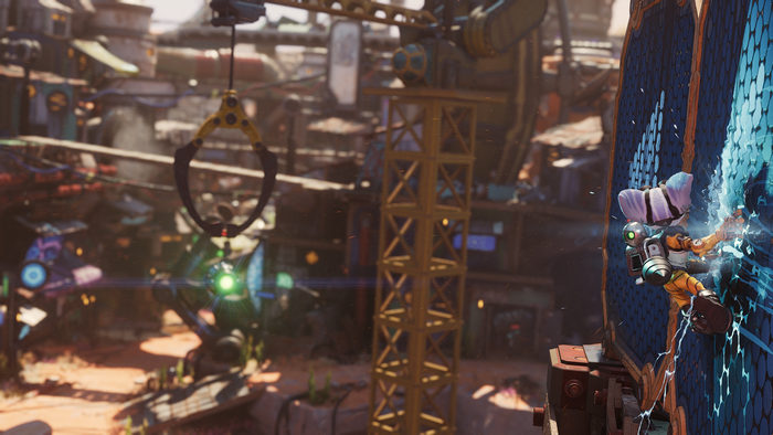 Rivet climbing an energy wall in Ratchet and Clank 4K