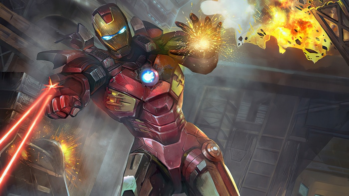 Iron Man superhero firing repulsor blasts
