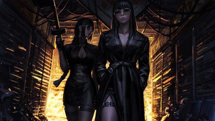 Fantasy Women in Black with Sword and Coat 4K