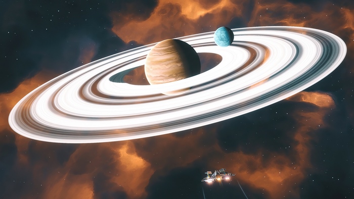 Everspace 2: Ringed Planet with Moon and Spaceship