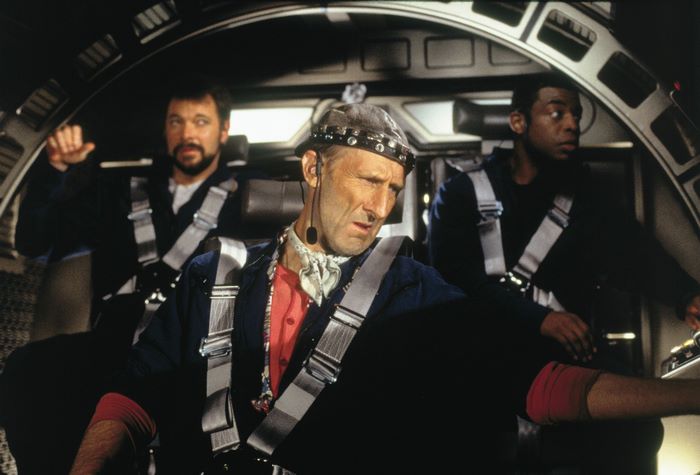 Zefram Cochrane's first warp flight with Riker and La Forge