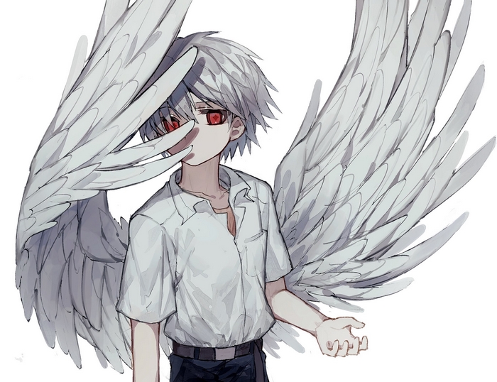 Kaworu Nagisa with Angel Wings and Red Eyes