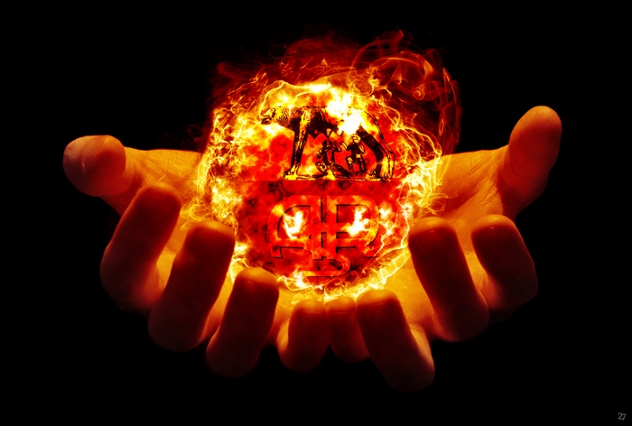 Hands holding fiery A.S. Roma soccer emblem