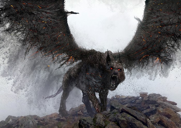 Ferocious Dark Winged Wolf on Rocks