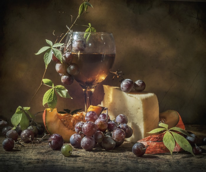 Rustic Still Life with Grapes, Cheese, and Wine