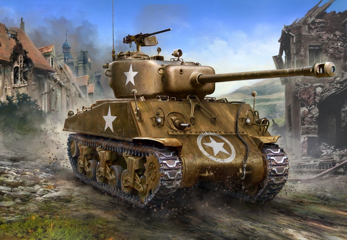 M4 Sherman tank in a war-torn European town