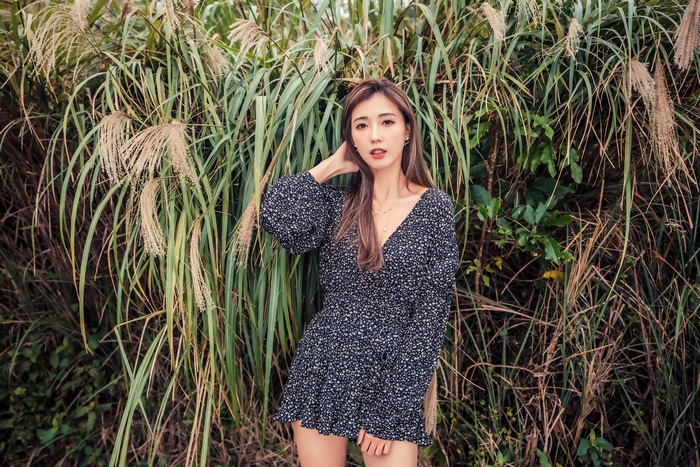 Asian Brunette Model in Floral Dress 4K