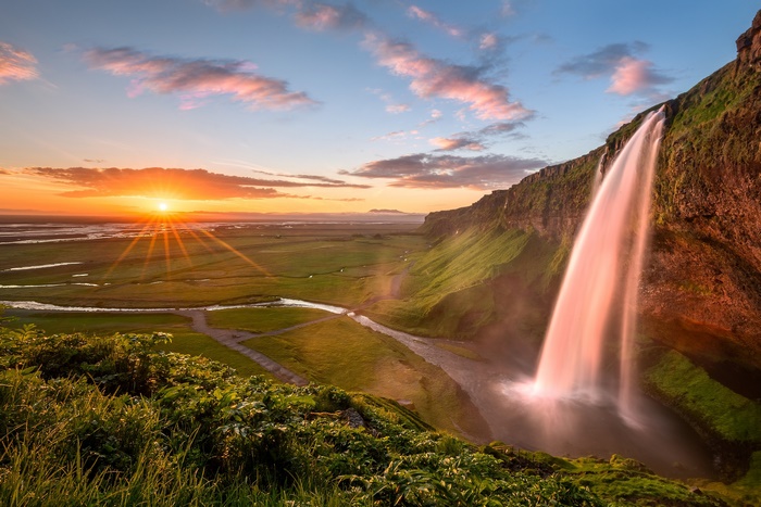 Golden Sunrise over Seljalandsfoss Waterfall, Iceland