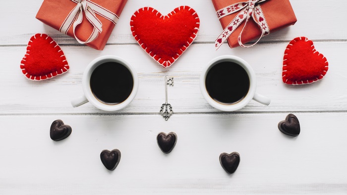 Valentine's Day coffee, gifts, hearts, and chocolates