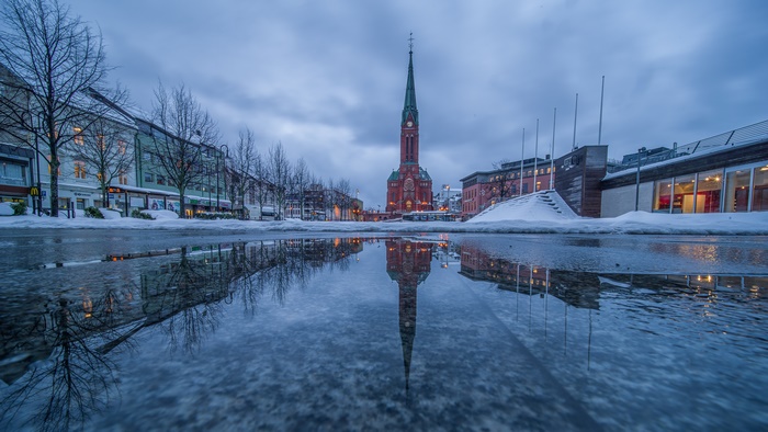 Trinity Church Reflection in Winter Puddle