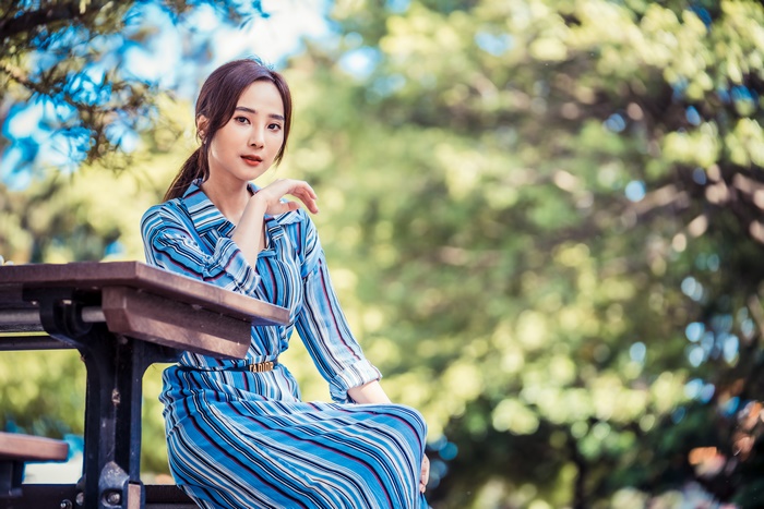 4K Asian Model in Blue Striped Dress Outdoors