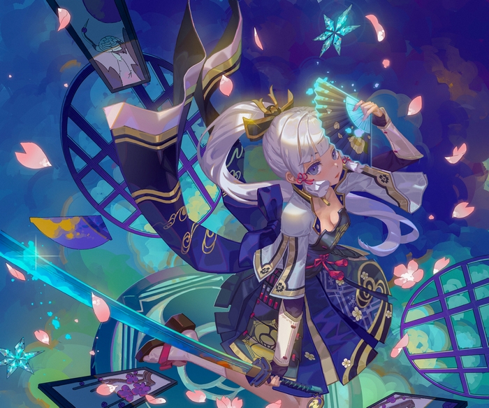 Genshin Impact Kamisato Ayaka wielding fan and sword