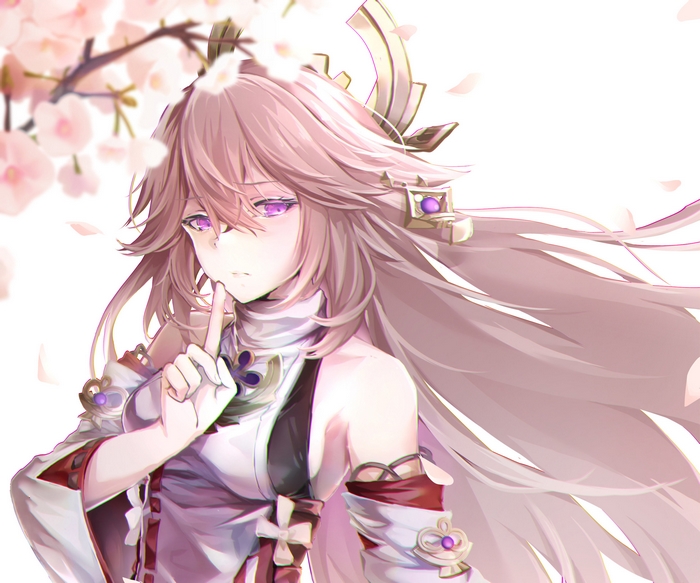 Yae Miko Guuji (Genshin Impact) shushing under cherry blossoms
