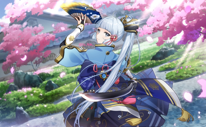 Kamisato Ayaka with fan and sword amidst cherry blossoms
