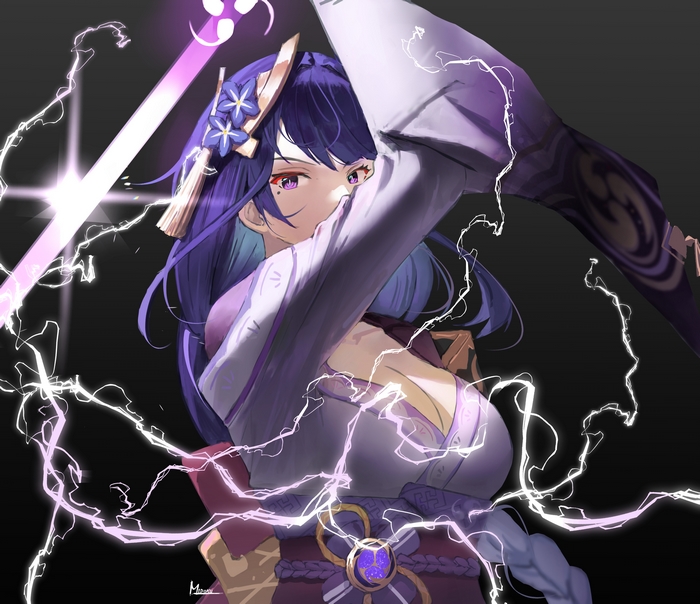 Baal Raiden Shogun wielding glowing sword and lightning