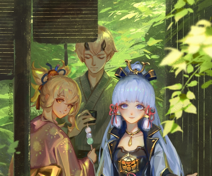 Yoimiya, Ayaka, and Thoma enjoying dango and tea