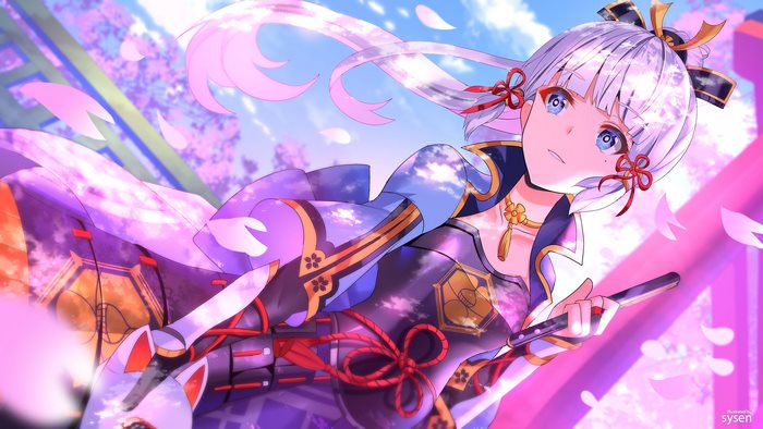 Kamisato Ayaka amidst falling cherry blossoms