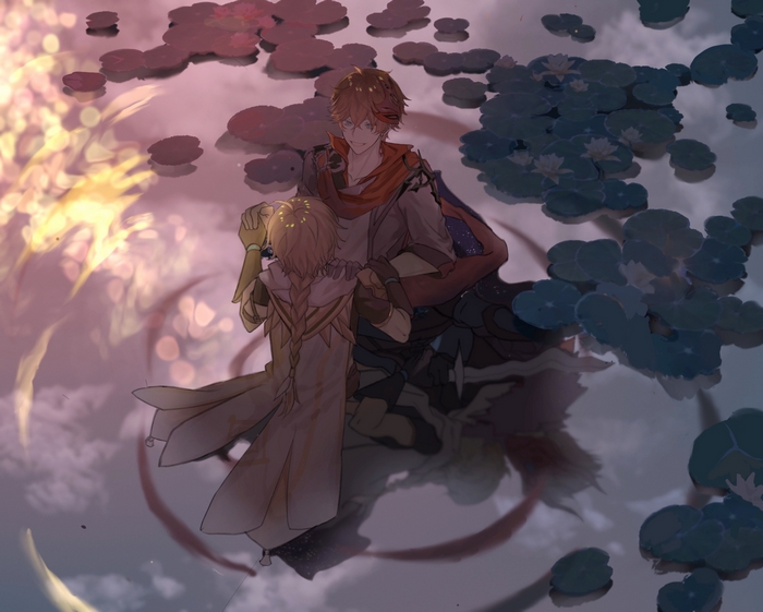 Genshin Impact Aether and Childe's tender embrace by water