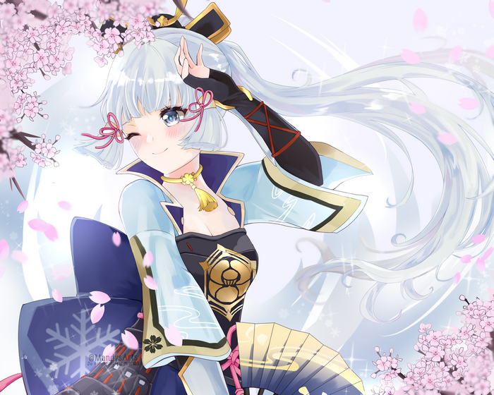 Kamisato Ayaka winks under cherry blossoms