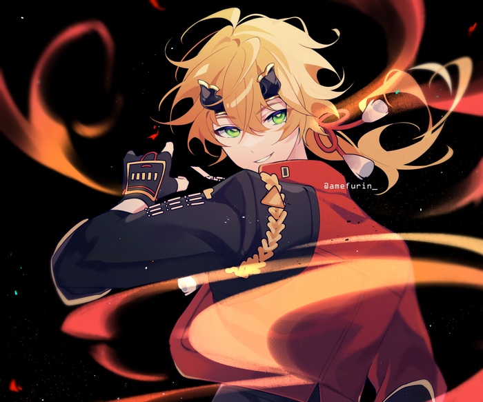 Fiery Thoma (Genshin Impact) with a confident smirk