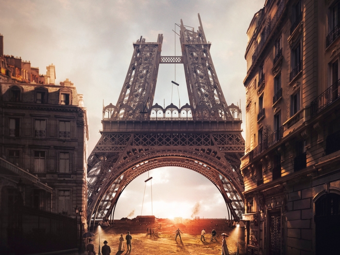 Deconstructed Eiffel Tower in a ruined Paris