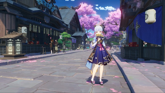 Kamisato Ayaka (Genshin Impact) on a sakura street