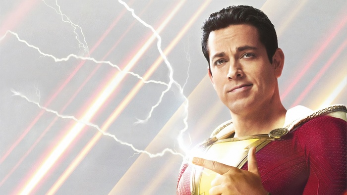 Zachary Levi as Shazam with lightning power