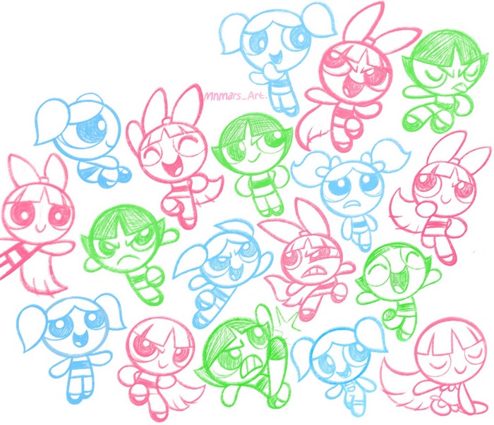 The Powerpuff Girls colorful character sketches