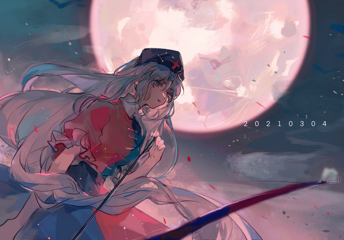 Touhou Eirin Yagokoro with bow and arrow, moonlit night