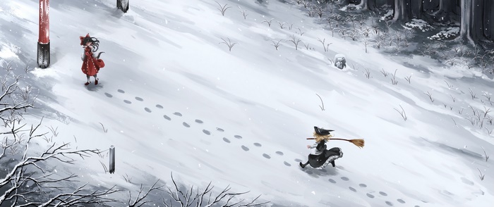 Marisa Kirisame running and Reimu Hakurei in snow